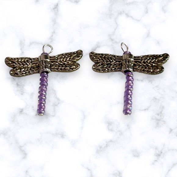 Hand Crafted Jewelry - Hand Crafted Earrings Dragonfly Purple Dangle Silver Pierced Long Handmade